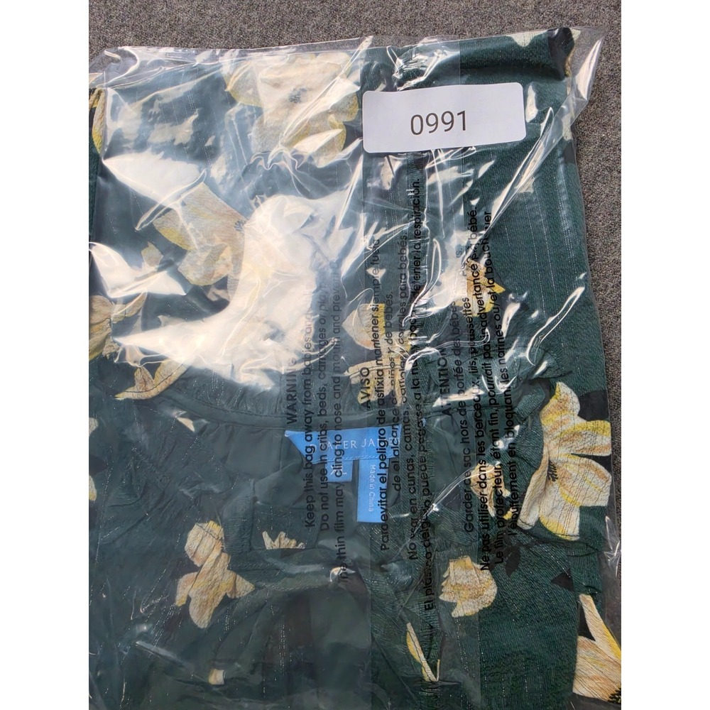 Draper James Floral Ruffle Blouse Women XL Green Short Sleeve Tie Neck Flutter - Picture 7 of 7